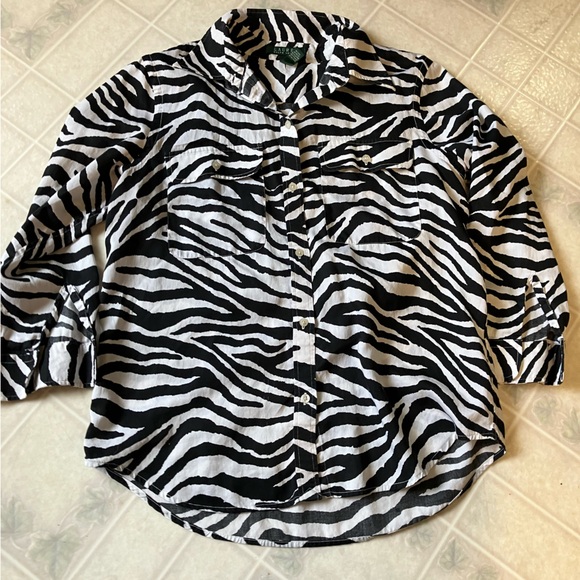 Lauren Ralph Lauren Black and White Zebra Button Down Shirt - Picture 2 of 6
